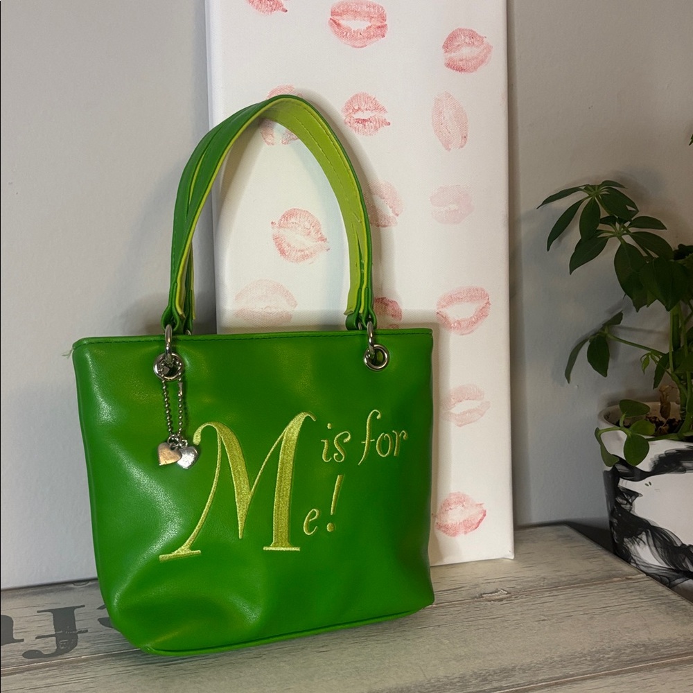 Y2K Green Mini Bag w/ Lime Green Embroidery “M is for Me!” Silver Heart Keychain